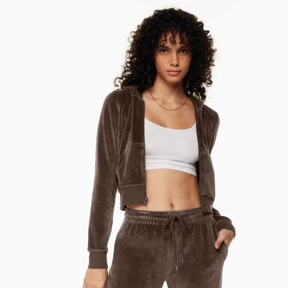 NWT Coffee Brown Velour Velvet Cropped Hoodie M Relaxed Fit - Picture 2 of 16